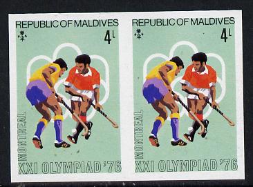 Maldive Islands 1976 Montreal Olympics 4l (Field-Hockey) unmounted mint imperf pair (as SG 657), stamps on , stamps on  stamps on sport, stamps on field hockey, stamps on olympics