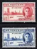 St Vincent 1946 KG6 Victory Commemoration set of 2 unmounted mint, SG 160-61*, stamps on , stamps on  stamps on victory, stamps on  stamps on  kg6 , stamps on  stamps on london, stamps on  stamps on  ww2 , stamps on  stamps on 