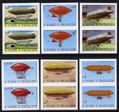 St Thomas & Prince Islands 1980 Airships complete set of 6 imperf proof pairs in issued colours on ungummed paper. NOTE - this item has been selected for a special offer with the price significantly reduced, stamps on aviation, stamps on airships