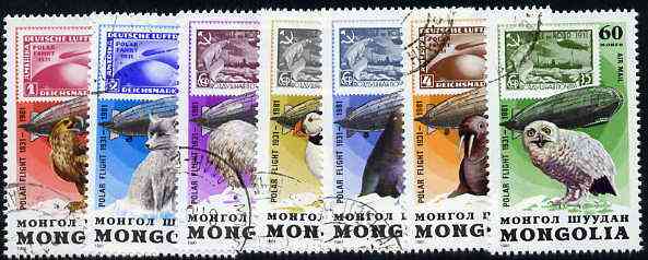 Mongolia 1981 50th Anniversary of Graf Zeppelin (Stamp on stamps showing Animals & Birds) perf set of 7, cto used SG 1391-97*, stamps on stamp on stamp, stamps on animals, stamps on birds, stamps on birds of prey, stamps on airships, stamps on aviation, stamps on fox, stamps on walrus, stamps on bear, stamps on owls, stamps on puffin, stamps on sealion, stamps on eagle, stamps on dogs, stamps on zeppelins, stamps on  fox , stamps on foxes, stamps on  , stamps on stamponstamp