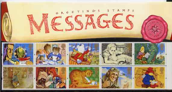 Booklet Pane - Great Britain 1994 Greeting Stamps (Messages) booklet pane of 10 in official presentation pack, SG 1800a, stamps on , stamps on  stamps on cartoons, stamps on  stamps on literature, stamps on  stamps on postbox, stamps on  stamps on teddies, stamps on  stamps on sci-fi, stamps on  stamps on fairy tales, stamps on  stamps on alice    