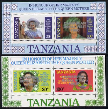 Tanzania 1985 Life & Times of HM Queen Mother perf proof set of 2 m/sheets each with 'Caribbean Royal Visit 1985' opt in silver (unissued) unmounted mint, stamps on , stamps on  stamps on royalty, stamps on royal visit , stamps on queen mother