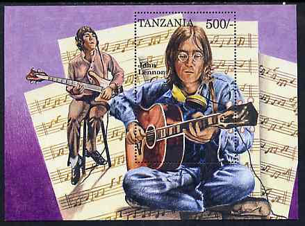 Tanzania 1995 John Lennon perf miniature sheet containing 500s value unmounted mint, stamps on , stamps on  stamps on music      personalities     pops, stamps on  stamps on guitar, stamps on  stamps on beatles