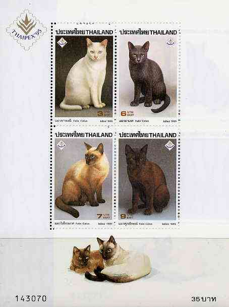 Thailand 1995 Domestic Cats unmounted mint sheetlet containing complete set of 4 values with Thaipex imprint, stamps on cats, stamps on animals, stamps on stamp exhibitions 