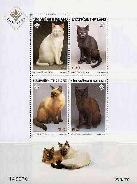 Thailand 1995 Domestic Cats unmounted mint sheetlet containing complete set of 4 values with Thaipex imprint, stamps on cats, stamps on animals, stamps on stamp exhibitions