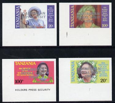 Tanzania 1985 Life & Times of HM Queen Mother imperf proof set of 4 each with Caribbean Royal Visit 1985 opt in silver (unissued) unmounted mint*, stamps on royalty, stamps on royal visit , stamps on queen mother