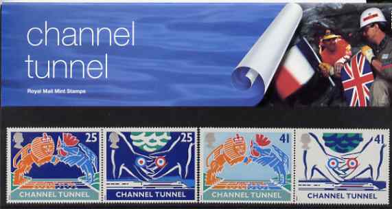 Great Britain 1994 Opening of Channel Tunnel set of 4 (2 se-tenant pairs) in official presentation pack SG 1820-23, stamps on tunnels    civil engineering