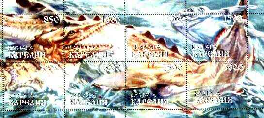 Karjala Republic 1998 Dinosaurs (Crocs Catching Fish) unmounted mint sheetlet containing complete set of 8 values, stamps on , stamps on  stamps on dinosaurs     fish