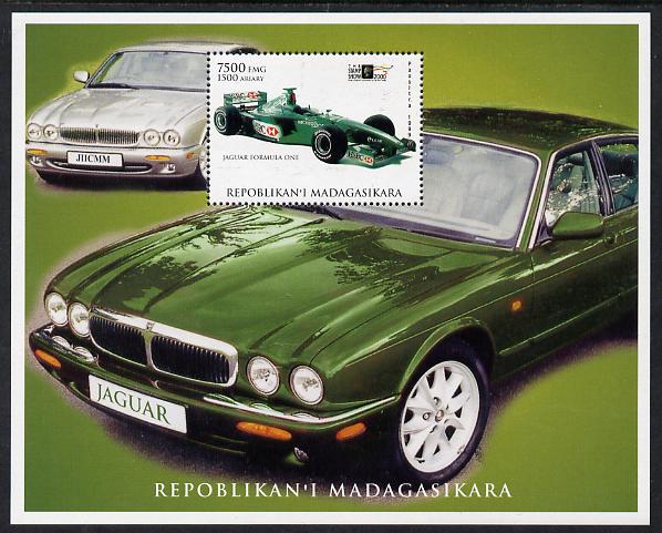 Madagascar 1999 Jaguar Cars perf deluxe souvenir sheet unmounted mint. Note this item is privately produced and is offered purely on its thematic appeal, stamps on , stamps on  stamps on cars, stamps on  stamps on jaguar, stamps on  stamps on  f1 , stamps on  stamps on formula 1, stamps on  stamps on racing cars