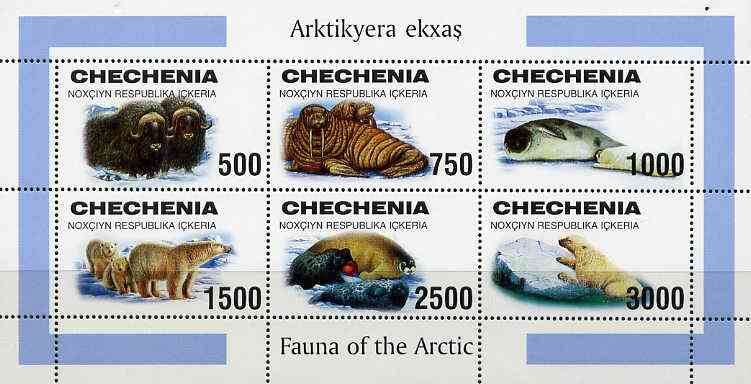 Chechenia 1997 Arctic Fauna sheetlet containing complete set of 6 values unmounted mint, stamps on , stamps on  stamps on animals     bears      seals     polar