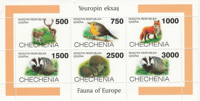 Chechenia 1997 European Fauna sheetlet containing complete set of 6 values unmounted mint, stamps on animals     deer    badger      fox    hedgehogs    robin    birds      dogs, stamps on  fox , stamps on foxes, stamps on  