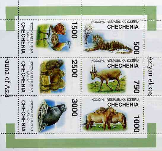 Chechenia 1997 Asian Fauna sheetlet containing complete set of 6 values unmounted mint, stamps on , stamps on  stamps on animals     camels    horses    tiger    cats      turkey, stamps on  stamps on tigers