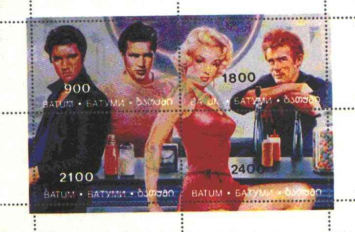 Batum 1995 Hollywood Stars (Elvis, Marilyn Monroe, Marlon Brando & James Dean) perf sheetlet containing 4 values cto used, stamps on , stamps on  stamps on music     personalities        elvis  entertainments     films    cinema, stamps on marilyn monroe