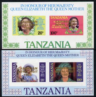 Tanzania 1985 Life & Times of HM Queen Mother imperf proof set of 2 m/sheets each with 'Caribbean Royal Visit 1985' opt in gold (unissued) unmounted mint, stamps on , stamps on  stamps on royalty, stamps on royal visit , stamps on queen mother