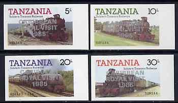 Tanzania 1985 Locomotives imperf proof set of 4 each with Caribbean Royal Visit 1985 opt in silver (unissued) unmounted mint, stamps on railways, stamps on royalty, stamps on royal visit