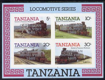 Tanzania 1985 Locomotives imperf proof miniature sheet with Caribbean Royal Visit 1985 opt in silver (unissued) unmounted mint, stamps on railways, stamps on royalty, stamps on royal visit