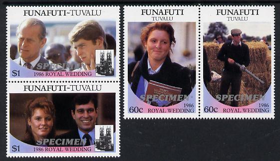 Tuvalu - Funafuti 1986 Royal Wedding (Andrew & Fergie) set of 4 (2 se-tenant pairs) overprinted SPECIMEN in silver unmounted mint, stamps on , stamps on  stamps on royalty, stamps on  stamps on andrew, stamps on  stamps on fergie, stamps on  stamps on rifle