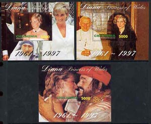 Chechenia 1997 Diana, Princess of Wales set of 3 miniature sheets showing Princess with Pavarotti, the Pope and Mother Teresa respectively, stamps on diana     royalty      pope, stamps on opera