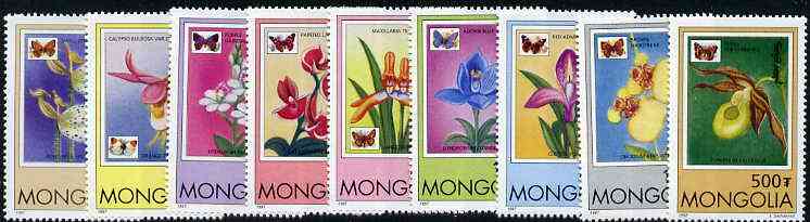 Mongolia 1997 Orchids and Butterflies complete set of 9 values unmounted mint, stamps on , stamps on  stamps on flowers, stamps on orchids, stamps on butterflies