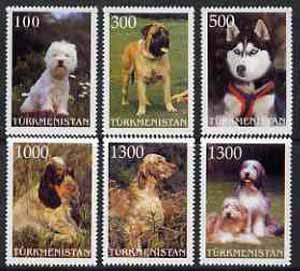Turkmenistan 1997 Dogs complete perf set of 6 values unmounted mint, stamps on , stamps on  stamps on dogs    animals    west highland terrier    mastif    husky    english setter    bearded collie    cocker spanial