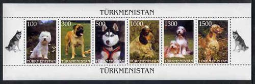 Turkmenistan 1997 Dogs sheetlet containing complete set of 6 values unmounted mint, stamps on , stamps on  stamps on dogs    animals    west highland terrier    mastif    husky    english setter    bearded collie    cocker spanial