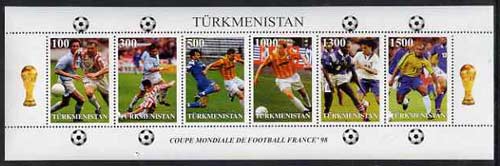 Turkmenistan 1997 Football World Cup sheetlet containing complete set of 6 values unmounted mint, stamps on , stamps on  stamps on football, stamps on  stamps on sport