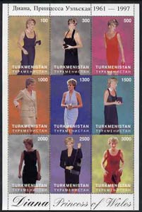 Turkmenistan 1997 Diana, Princess of Wales sheetlet containing complete set of 9 values unmounted mint, stamps on diana     royalty