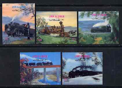 Umm Al Qiwain 1972 Steam Locomotives set of 5 in 3-dimensional format on plastic card unmounted mint, Mi 503-07, stamps on railways, stamps on  3d , stamps on 