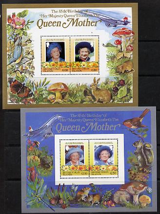 British Virgin Islands 1985 Life & Times of HM Queen Mother the set of 2 m/sheets containing 2 x $1 and 2 x $2.50 values (depicts Concorde, Fungi, Butterflies, Birds & Animals) unmounted mint, stamps on , stamps on  stamps on animals, stamps on  stamps on aviation, stamps on  stamps on birds, stamps on  stamps on butterflies, stamps on  stamps on fungi, stamps on  stamps on royalty, stamps on  stamps on queen mother, stamps on  stamps on concorde, stamps on  stamps on aviation