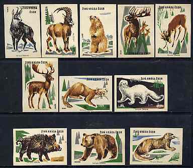 Match Box Labels - set of 11 Animals from Wild Animals & Birds set of 24, superb unused condition (Czechoslovakian from 1961), stamps on animals    deer    beaver    bear     