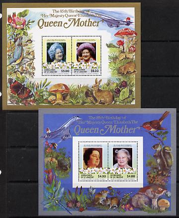 St Vincent - Grenadines 1985 Life & Times of HM Queen Mother the set of 2 m/sheets containing 2 x $4 and 2 x $5 values (depicts Concorde, Fungi, Butterflies, Birds & Animals) unmounted mint, stamps on , stamps on  stamps on animals, stamps on  stamps on aviation, stamps on  stamps on birds, stamps on  stamps on butterflies, stamps on  stamps on fungi, stamps on  stamps on royalty, stamps on  stamps on queen mother, stamps on  stamps on concorde, stamps on  stamps on aviation