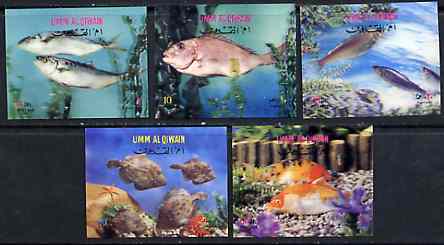 Umm Al Qiwain 1972 Fishes set of 5 in 3-dimensional format on plastic card unmounted mint, Mi 690-94, stamps on fish, stamps on  3d , stamps on 