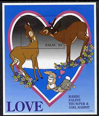 Palau 1996 Disney Sweethearts $2 m/sheet (Bambi) unmounted mint, stamps on , stamps on  stamps on disney, stamps on films, stamps on cinema, stamps on love