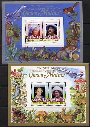 St Vincent - Union Island 1985 Life & Times of HM Queen Mother the set of 2 m/sheets containing 2 x $2.25 and 2 x $7 values (depicts Concorde, Fungi, Butterflies, Birds &..., stamps on animals, stamps on aviation, stamps on birds, stamps on butterflies, stamps on fungi, stamps on royalty, stamps on queen mother, stamps on concorde, stamps on aviation