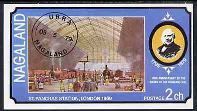 Nagaland 1979 Rowland Hill (St Pancras Station) imperf souvenir sheet (2ch value) cto used, stamps on postal   railways     rowland hill