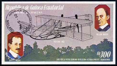 Equatorial Guinea 1979 Flight Anniversary of Wright Brothers 300ek deluxe sheet cto used, stamps on , stamps on  stamps on aviation           wright flyer