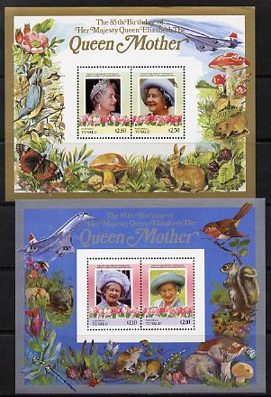 Tuvalu - Nanumaga 1985 Life & Times of HM Queen Mother (Leaders of the World) the set of 2 m/sheets containing 2 x $2.10 and 2 x $2.50 values (depicts Concorde, Fungi, Butterflies, Birds & Animals) unmounted mint, stamps on , stamps on  stamps on animals, stamps on  stamps on aviation, stamps on  stamps on birds, stamps on  stamps on butterflies, stamps on  stamps on fungi, stamps on  stamps on royalty, stamps on  stamps on queen mother, stamps on  stamps on concorde, stamps on  stamps on aviation