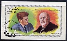 Oman 1974 Churchill Birth Centenary (With Kennedy) imperf deluxe sheet (5R value) cto used, stamps on , stamps on  stamps on churchill  kennedy  personalities