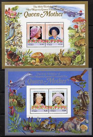 Tuvalu - Nukulaelae 1985 Life & Times of HM Queen Mother (Leaders of the World) the set of 2 m/sheets containing 2 x $1.20 and 2 x $3.50 values (depicts Concorde, Fungi, Butterflies, Birds & Animals) unmounted mint, stamps on , stamps on  stamps on animals, stamps on  stamps on aviation, stamps on  stamps on birds, stamps on  stamps on butterflies, stamps on  stamps on fungi, stamps on  stamps on royalty, stamps on  stamps on queen mother, stamps on  stamps on concorde, stamps on  stamps on aviation