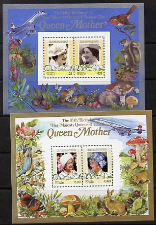 Tuvalu - Nukufetau 1985 Life & Times of HM Queen Mother (Leaders of the World) the set of 2 m/sheets containing 2 x $1.75 and 2 x $3 values (depicts Concorde, Fungi, Butterflies, Birds & Animals) unmounted mint, stamps on , stamps on  stamps on animals, stamps on  stamps on aviation, stamps on  stamps on birds, stamps on  stamps on butterflies, stamps on  stamps on fungi, stamps on  stamps on royalty, stamps on  stamps on queen mother, stamps on  stamps on concorde, stamps on  stamps on aviation