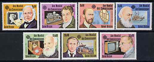 Guinea - Bissau 1983 World Communications Year set of 7 unmounted mint, SG 776-82, Mi 699-705*, stamps on communications, stamps on rowland hill, stamps on stamp on stamp, stamps on telephone, stamps on inventions, stamps on radio, stamps on television, stamps on personalities, stamps on , stamps on  tv , stamps on morse, stamps on stamponstamp