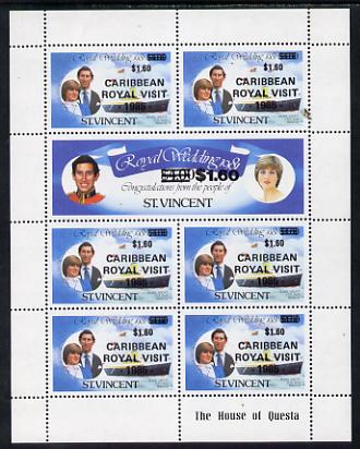 St Vincent 1985 Caribbean Royal Visit opt on R Wedding sheetlet unmounted mint, (Caribbean Royal Visit opt omitted on large stamp) SG 937a , stamps on varieties, stamps on royalty, stamps on royal visit