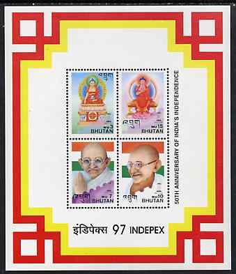 Bhutan 1997 50th Anniversary of India's Independence m/sheet containing 4 values showing Buddha & Gandhi, with Indpex imprint unmounted mint, stamps on , stamps on  stamps on gandhi , stamps on  stamps on stamp exhibitions      religion    buddha, stamps on  stamps on buddhism