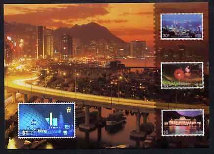 Hong Kong 1996 Hong Kong 97 Stamp Exhibition Hologram Postcard No 8 (Hong Kong at Night) showing $1 Space Museum stamp in hologram form plus reproductions of other night-..., stamps on space, stamps on holograms, stamps on stamp on stamp, stamps on fireworks, stamps on stamp exhibitions, stamps on stamponstamp