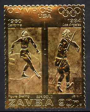 Zambia 1984 Los Angeles Olympic Games 90n perf embossed in 22k gold foil showing Figure Skating & Javelin unmounted mint, stamps on olympics    skating    javelin
