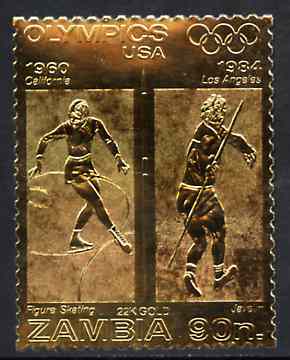 Zambia 1984 Los Angeles Olympic Games 90n perf embossed in 22k gold foil showing Figure Skating & Javelin unmounted mint, stamps on , stamps on  stamps on olympics    skating    javelin