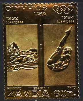 Zambia 1984 Los Angeles Olympic Games 90n perf embossed in 22k gold foil showing Swimming & Diving unmounted mint, stamps on , stamps on  stamps on olympics    swimming    diving