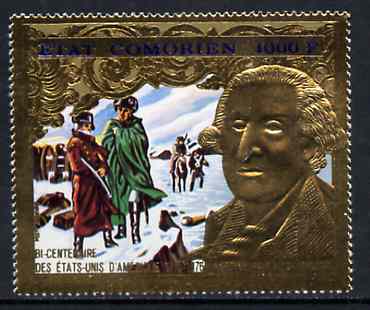 Comoro Islands 1976 USA Bicentenary 1000f (George Washington) emossed in gold foil (perf) unmounted mint Mi 264, stamps on usa-presidents     personalities     americana   