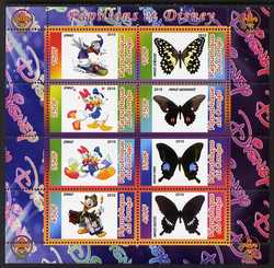 Congo 2010 Disney & Butterflies #2 perf sheetlet containing 8 values with Scout Logo unmounted mint, stamps on disney, stamps on films, stamps on cinema, stamps on movies, stamps on cartoons, stamps on scouts, stamps on butterflies