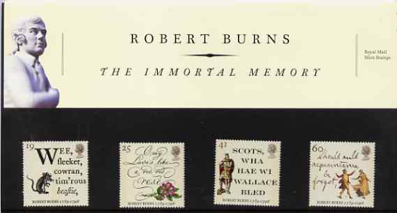 Great Britain 1996 Death Bicentenary of Robert Burns (Poet) set of 4 in official presentation pack SG 1901-04, stamps on , stamps on  stamps on poetry, stamps on literature, stamps on books, stamps on death, stamps on  stamps on masonics, stamps on  stamps on scots, stamps on  stamps on scotland, stamps on  stamps on masonry, stamps on  stamps on burns